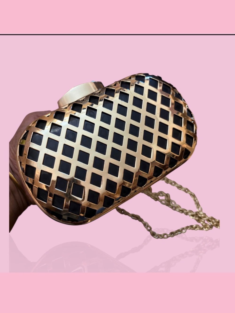 Gold Lattice Evening Clutch with Black Inset and Chain Strap
